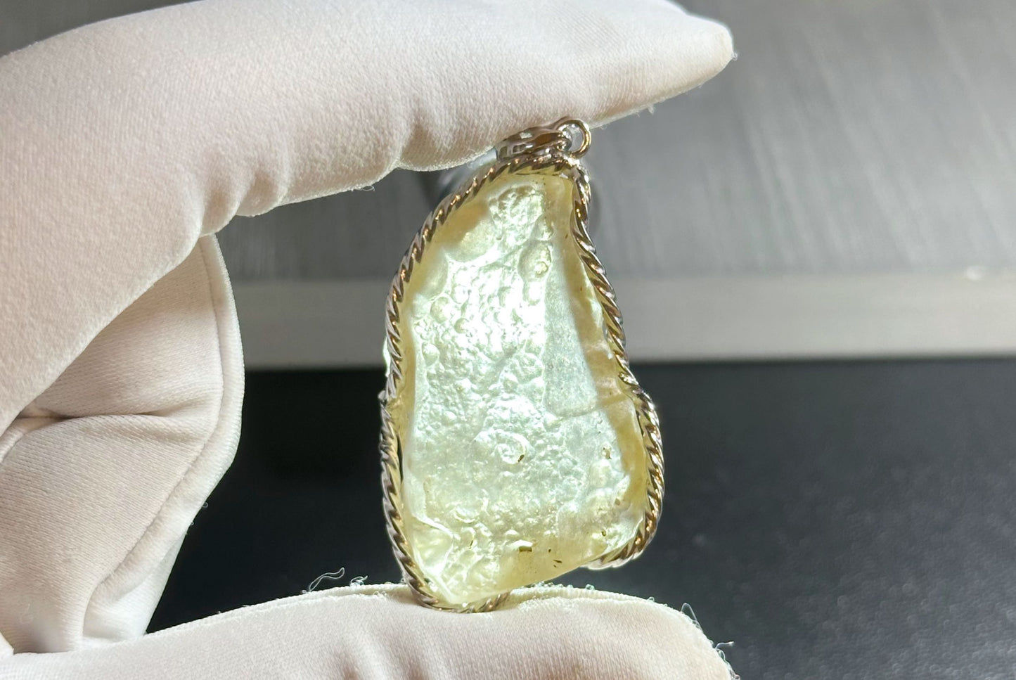 13.642 Grams, Natural Authentic Libyan Desert Glass Tektite Silver Wrapped Pendant, Raw Libyan Desert Glass Pendant, 天然利比亚黄金陨石原石吊坠