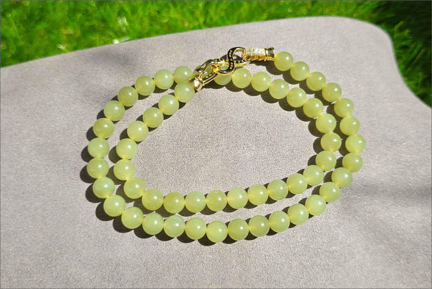 8mm, Certified Natural High Quality Greenish-Yellow Nephrite Jade Bead Necklace, 天然高品质青黄口和田玉项链