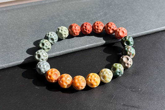 10mm+, Certified Natural Old Mine Alxa Onyx Carved Planet Beads Bracelet, Natural Alashan Rocks Bracelet, Agate 天然老矿阿拉善彩玉星球手串