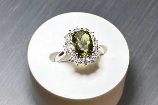 7x10, 3A Genuine Moldavite Tektite Ring, 925 Sterling Silver, Czech Rep Faceted Moldavite Ring, Real Moldavite, 天然宝石级捷克陨石纯银戒指
