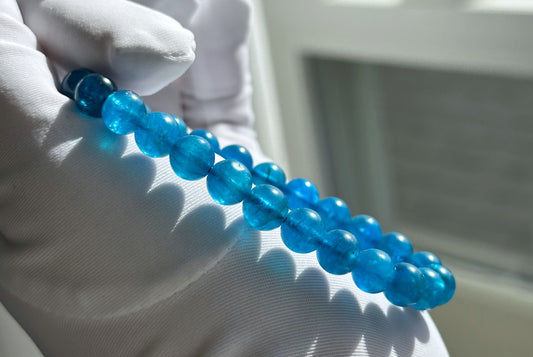 7.5mm, Certified Natural High Clarity Rich Deep Blue Apatite Bracelet, Natural Untreated Shimmering Blue Apatite Bracelet, AAA, 天然浓郁色蓝磷灰石手串