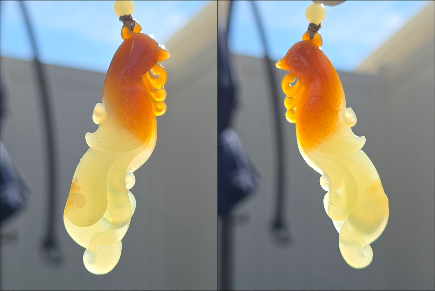 Certified Natural Sugar Brown and Yellow Nephrite Jade Hand-Carved Phoenix Pendant, 天然若羌黄口带糖手工雕刻凤凰吊坠