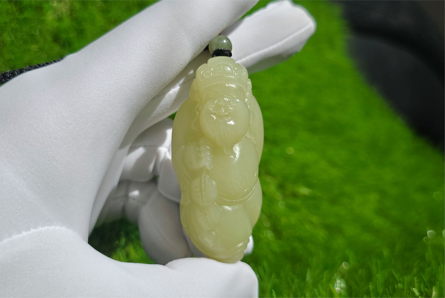 Certified Natural High-Quality Ruoqiang Yellow Nephrite Jade Hand-Carved God of Wealth Pendant, 天然若羌黄口手工雕刻财神吊坠