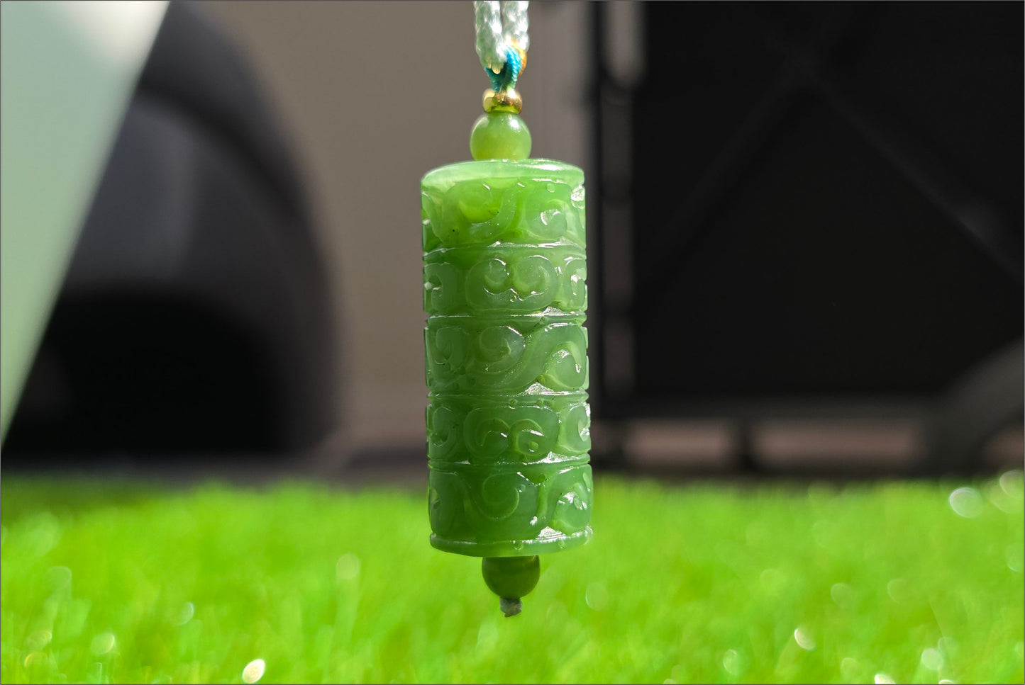 Certified Natural Spinach Green Nephrite Jade Carved Barrel-shaped Pendant,天然阳菠菜绿碧玉桶珠吊坠