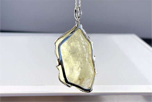 27.785Grams, Natural Authentic Libyan Desert Glass Tektite Silver Wrapped Pendant, Raw Libyan Desert Glass Pendant, 天然利比亚黄金陨石原石吊坠