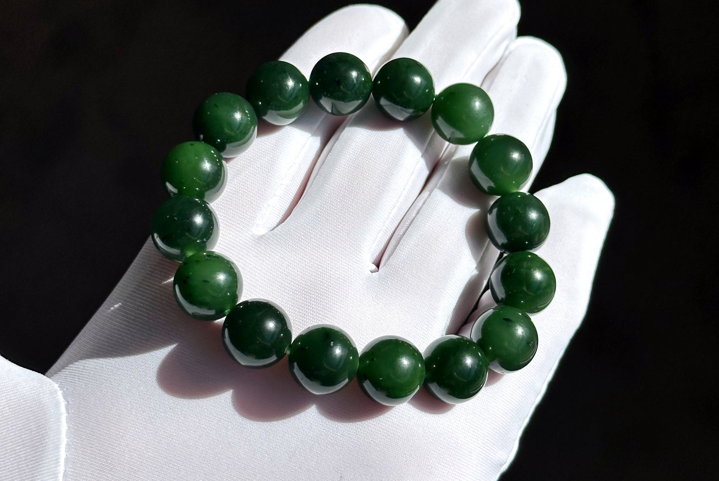 12mm, Certified Natural Rich Spinach Green Nephrite Jade Bead Bracelet, 天然俄老油菠菜绿碧玉手串