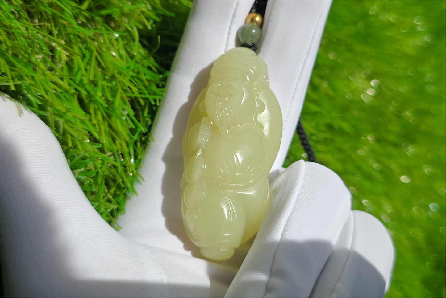 Certified Natural High-Quality Ruoqiang Yellow Nephrite Jade Hand-Carved God of Wealth Pendant, 天然若羌黄口手工雕刻财神吊坠