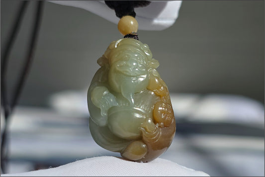 Certified Natural Blue and Sugar Nephrite Jade Hand-Carved Caishen and Buddha Pendant | Small Handmade Jade God of Wealth | 天然蓝带糖玉手工雕刻财神吊坠