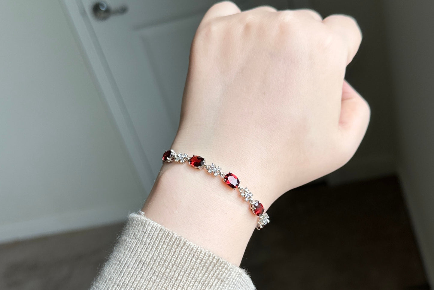 Natural Garnet Silver Bracelet, Gem Grade Garnet S925 Sterling Silver Bracelet, Garnet Silver Jewelry,天然宝石级纯净体无优化石榴石纯银手链