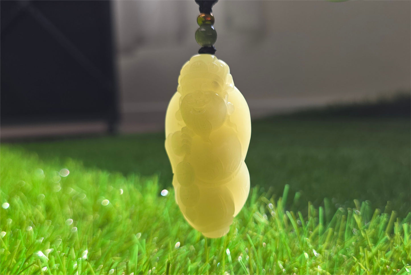 Certified Natural High-Quality Ruoqiang Yellow Nephrite Jade Hand-Carved God of Wealth Pendant, 天然若羌黄口手工雕刻财神吊坠