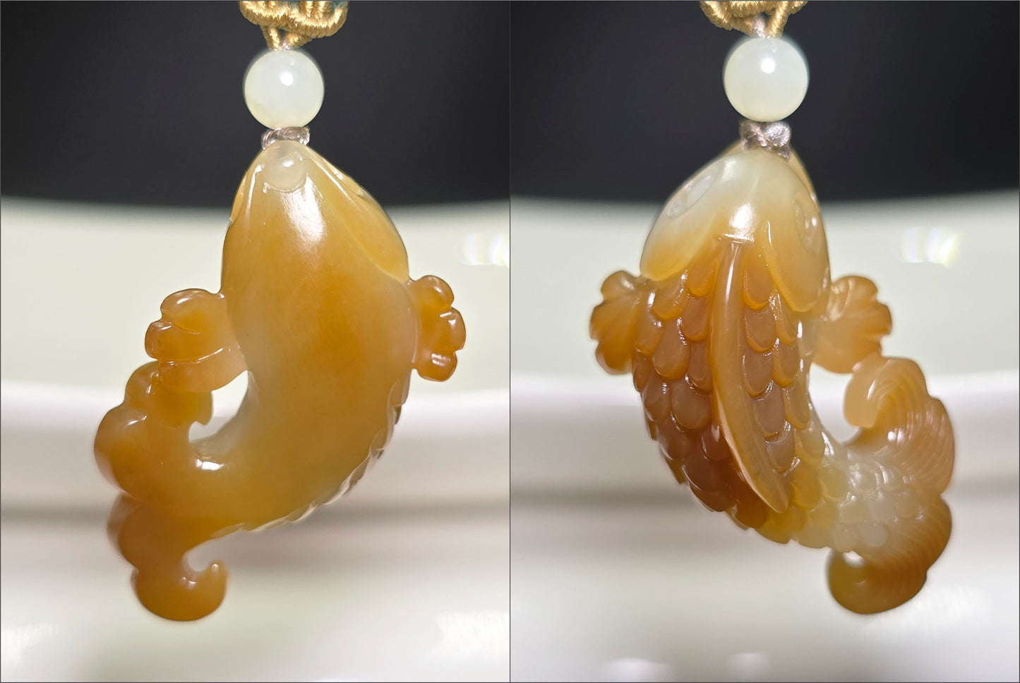 Certified Natural High Quality Sugar Brown and White Nephrite Jade Hand-Carved Koi Fish Pendant, 天然且末糖白和田玉苏工手工雕刻锦鲤吊坠