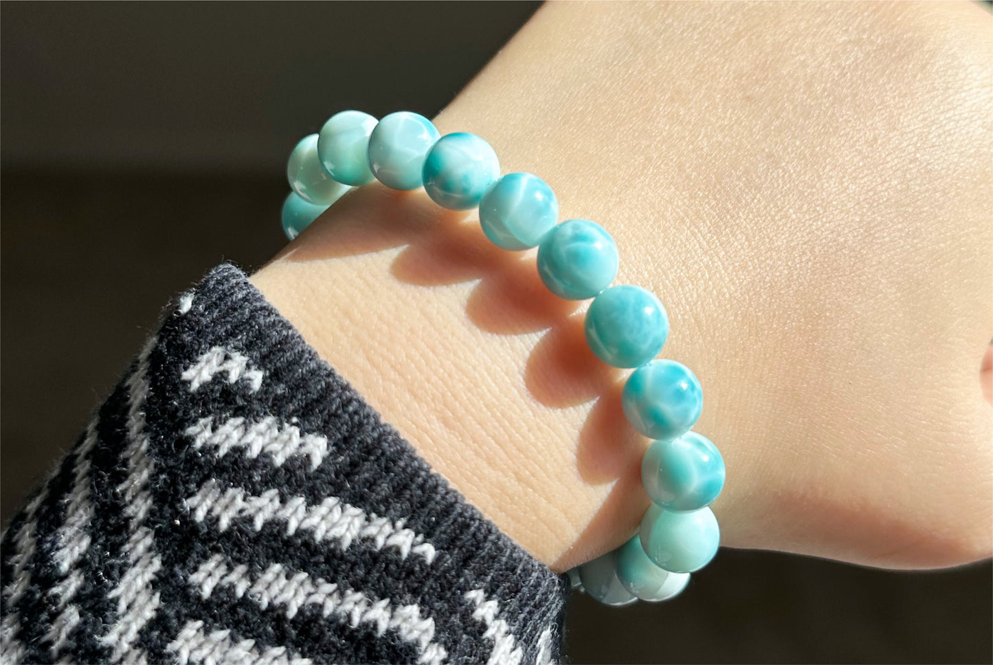 9.5mm+, Natural High Quality Dominican Blue Larimar Beads Bracelet, Dominican Republic Larimar Bracelelt, 多米尼加天然海纹石手串