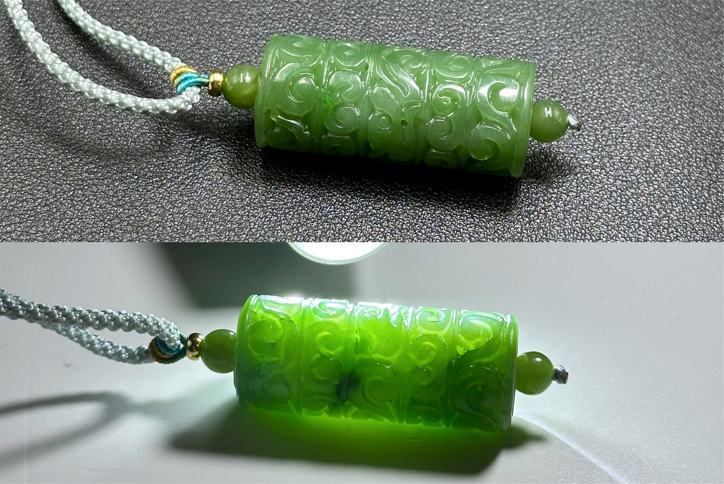 Certified Natural Spinach Green Nephrite Jade Carved Barrel-shaped Pendant,天然阳菠菜绿碧玉桶珠吊坠