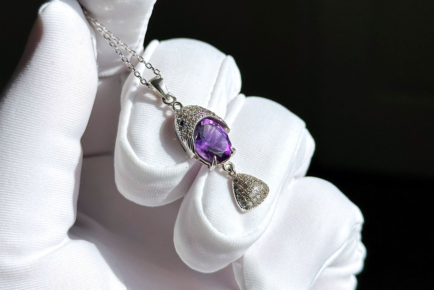 Natural Amethyst Pendant, Unheated Brazil Amethyst S925 Sterling Silver Pendant Necklace, 巴西天然紫晶纯银吊坠