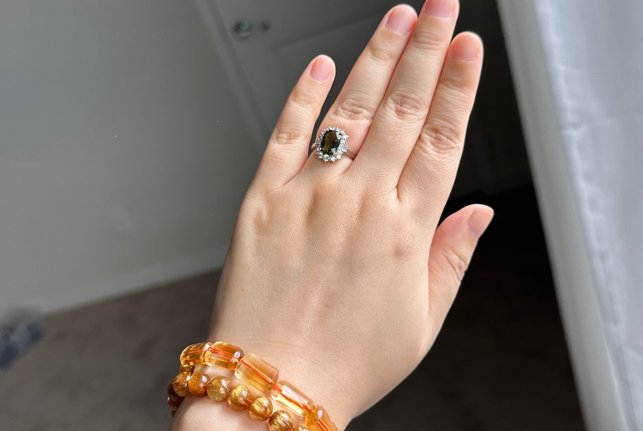 7x10, 3A Genuine Moldavite Tektite Ring, 925 Sterling Silver, Czech Rep Faceted Moldavite Ring, Real Moldavite, 天然宝石级捷克陨石纯银戒指