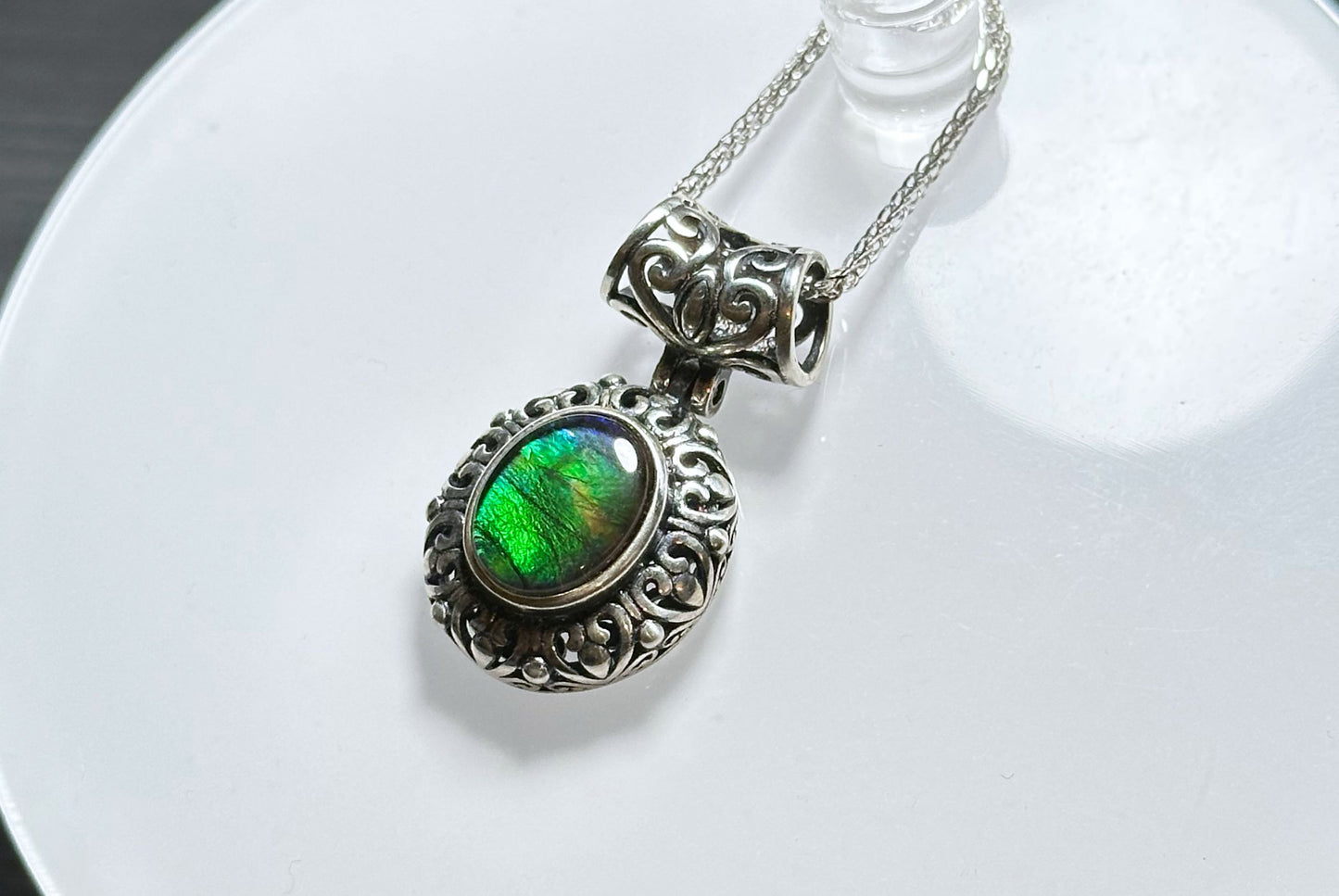 8x10, Natural High Grade Ammolite Stone Pendant Necklace, 925 Sterling Silver, Canada Natural Ammolite Pendant, 天然无拼接斑彩螺化石纯银吊坠