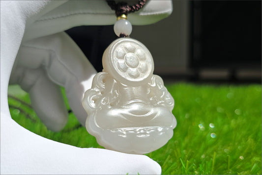 Certified Natural High Quality Lotus Pink Nephrite Jade Carved ellow Dzambhala Pendant, 天然藕粉和田玉雕刻黄财神吊坠