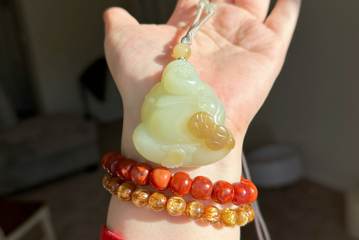Certified Natural High-Quality Ruoqiang Yellow and Sugar Nephrite Jade Hand-Carved Maitreya Buddha Pendant, 天然若羌黄口带糖和田玉手工雕刻弥勒佛