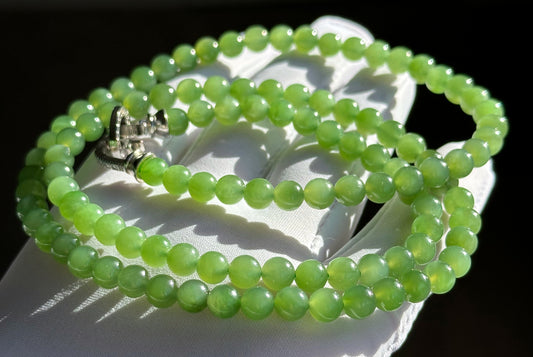 6mm, Certified Natural Green Nephrite Jade Bead Necklace, 天然俄料冰胶阳绿碧玉项链