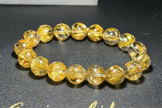 12mm, Certified Top Quality Natural Golden Rutilated Quartz with Hematite Bracelet, Superpower Ore Titanium Golden Rutilated, 天然近无棉母矿超能金钛晶手串