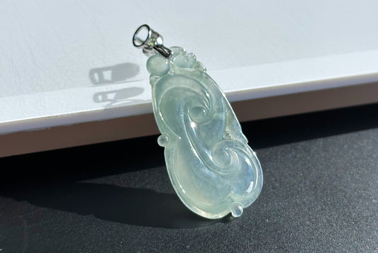 Certified Genuine Grade A Icy Jadeite Jade Carved Ruyi Pendant, Type A Jadeite Ruyi Pendant, 天然A货冰种翡翠雕刻如意吊坠