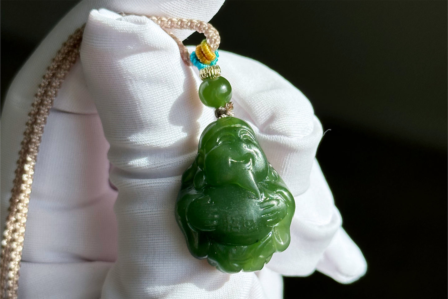Certified Natural Russia Spinach Green Nephrite Carved God of Wealth Pendant, 天然俄料菠菜绿碧玉财神吊坠