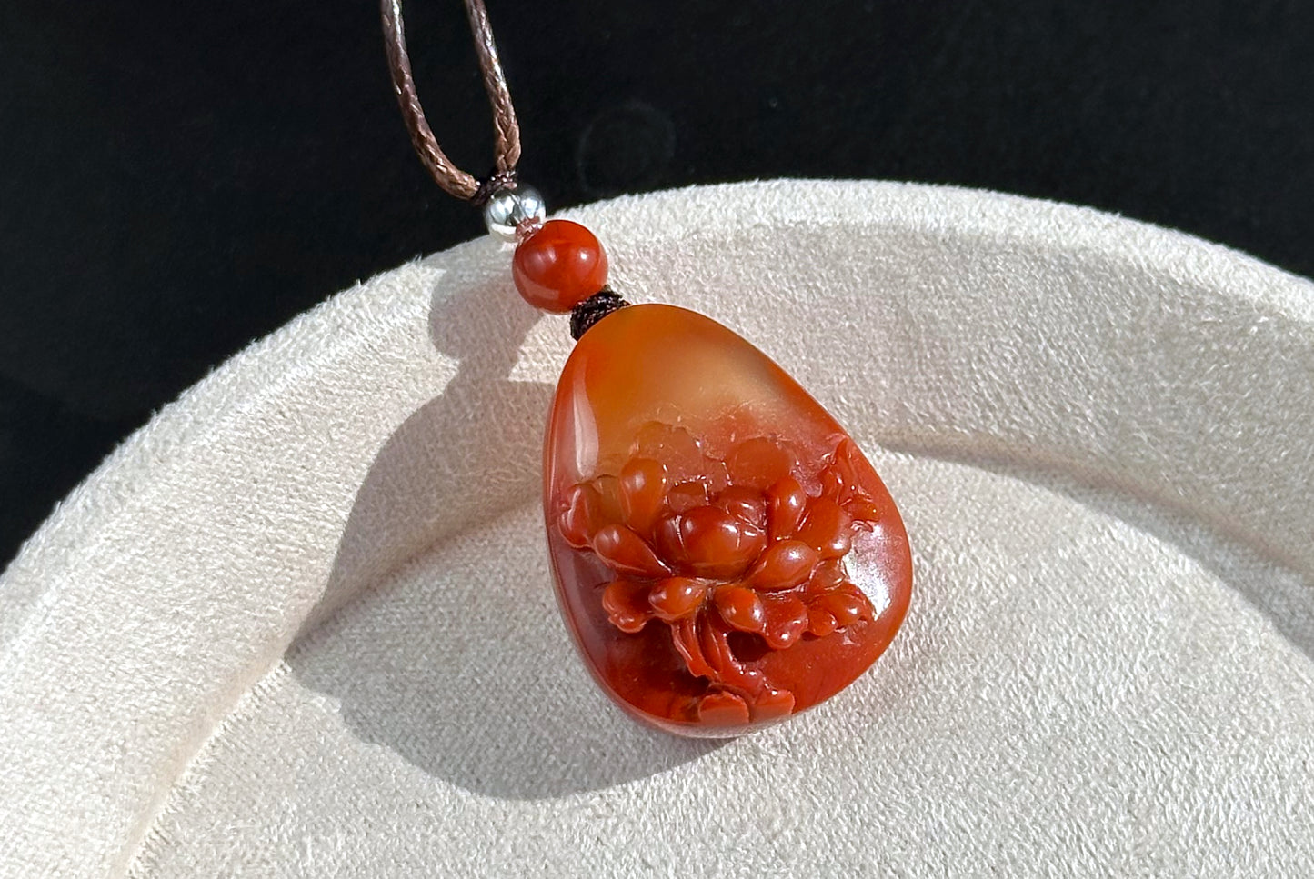 Certified Natural High Grade Flame Red Nanhong Agate Hand Carved Peony flower Pendant, 天然无优化川料火焰红南红手雕牡丹吊坠
