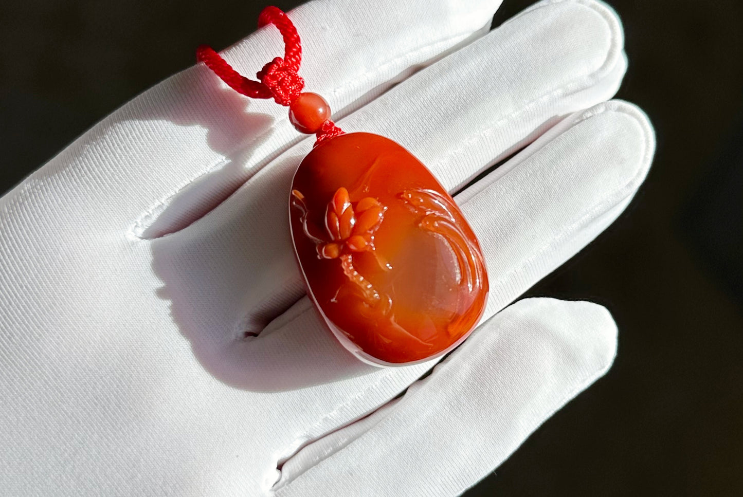 Certified Natural High Grade Untreated Nanhong Agate Hand Carved Lotus and Koi Fish Pendant, 天然无优化川火焰红俏柿子红南红手雕莲花鱼吊坠