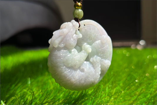 Certified Natural Type A Jadeite Jade Carved Pixiu Holding a Ball Pendant, Type A Jadeite Jade Pixiu Pendant, 天然A货翡翠紫飘绿貔貅抱球吊坠