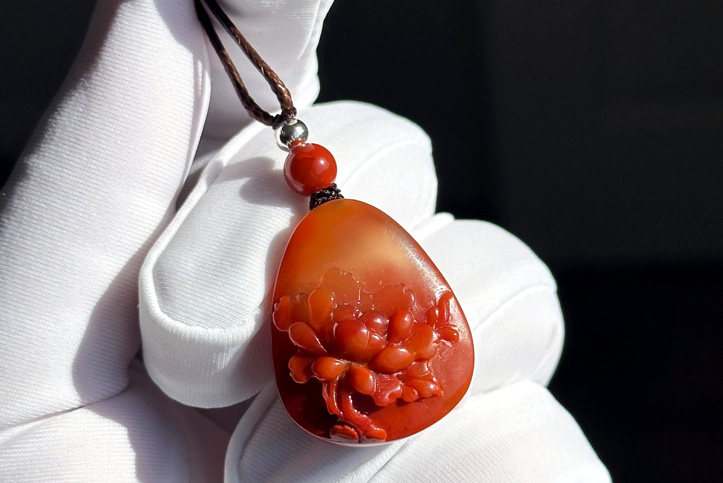 Certified Natural High Grade Flame Red Nanhong Agate Hand Carved Peony flower Pendant, 天然无优化川料火焰红南红手雕牡丹吊坠