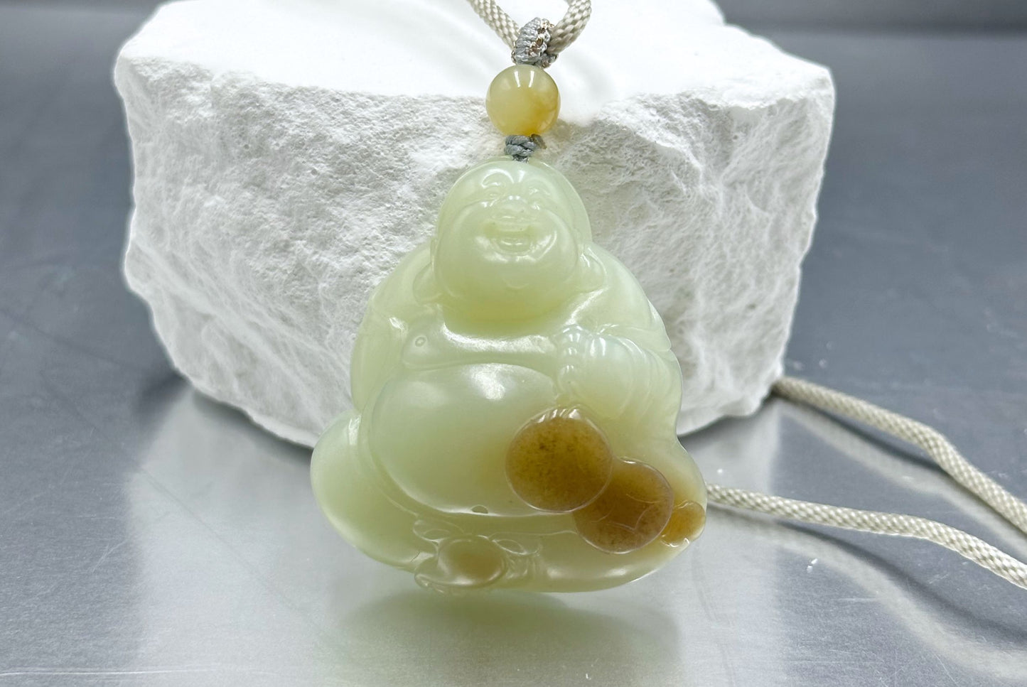 Certified Natural High-Quality Ruoqiang Yellow and Sugar Nephrite Jade Hand-Carved Maitreya Buddha Pendant, 天然若羌黄口带糖和田玉手工雕刻弥勒佛
