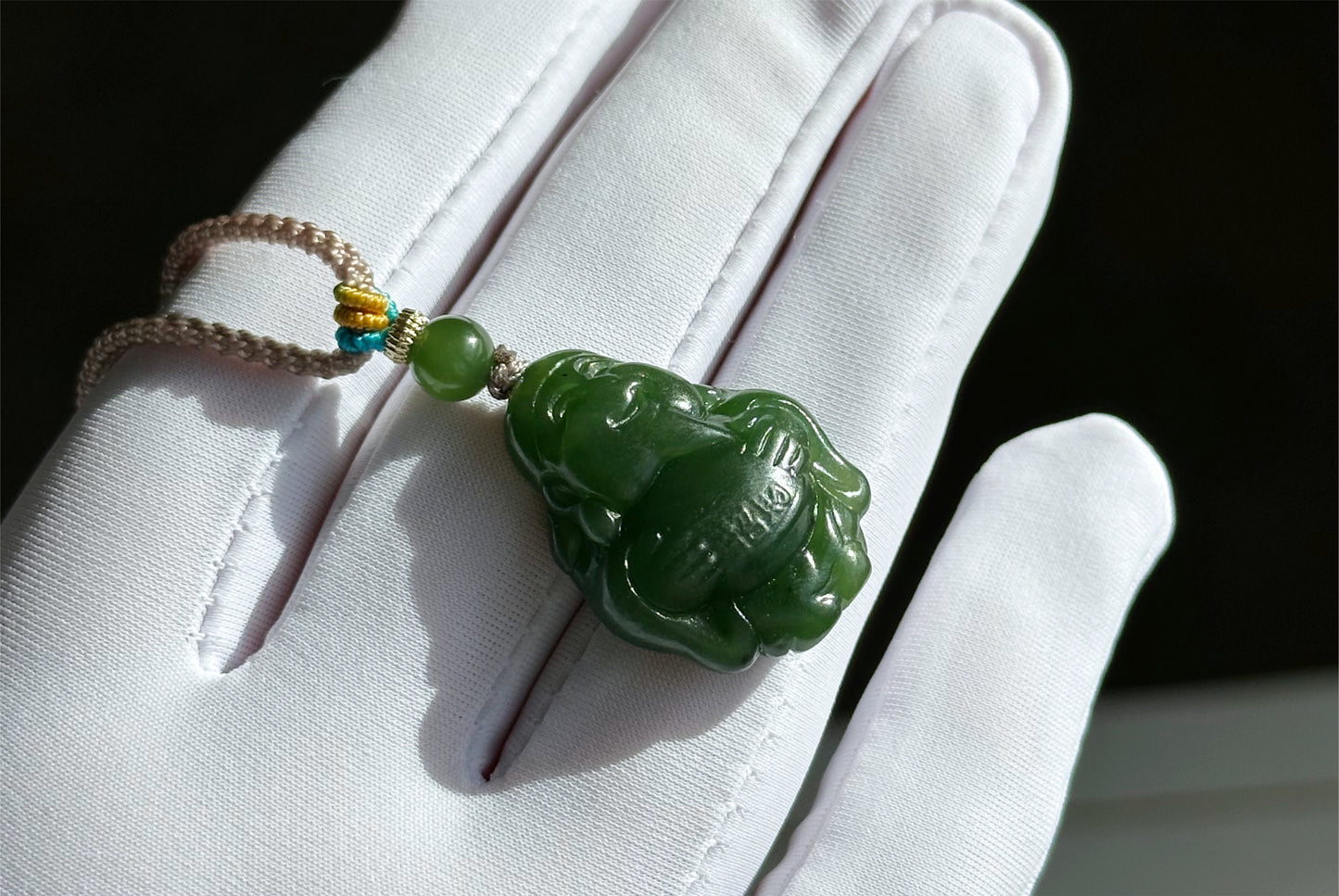 Certified Natural Russia Spinach Green Nephrite Carved God of Wealth Pendant, 天然俄料菠菜绿碧玉财神吊坠