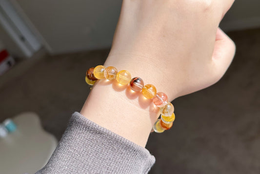 10.5mm+, Certified Natural Top Grade Yellow and Red Hematoid Quartz Bracelet, golden healer and fire quartz bracelet, 天然红黄胶花水晶手串