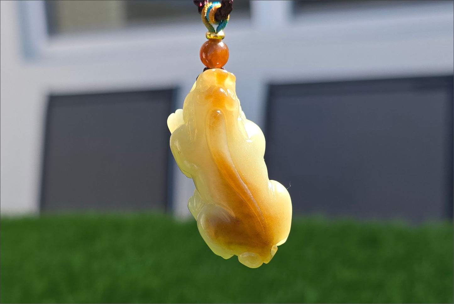 Certified Natural Brown Sugar and Greenish Yellow Nephrite Jade Hand-Carved Pixiu Pendant, 天然青黄口带糖和田玉手工雕刻貔貅吊坠