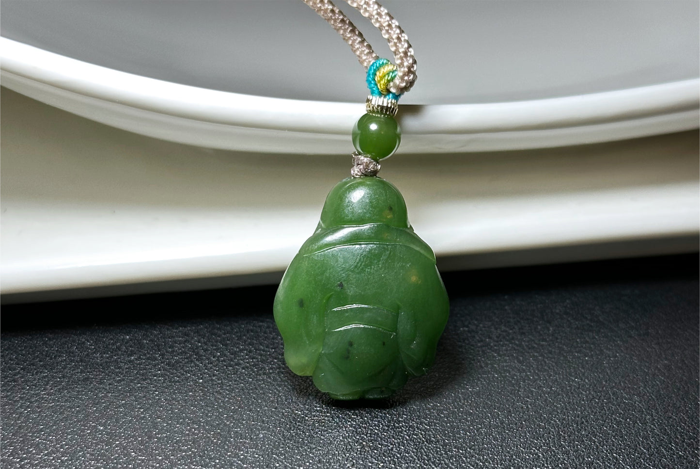 Certified Natural Russia Spinach Green Nephrite Carved God of Wealth Pendant, 天然俄料菠菜绿碧玉财神吊坠