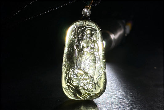 30.435 grams, Natural Top Grade High Clarity Authentic Libyan Desert Glass Tektite Carved Ksitigarbha Bodhisattva Pendant, 天然透体利比亚陨石雕刻地藏王菩萨吊坠
