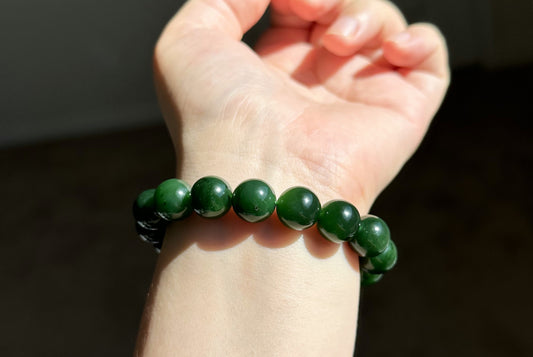 12mm, Certified Natural Rich Spinach Green Nephrite Jade Bead Bracelet, 天然俄老油菠菜绿碧玉手串