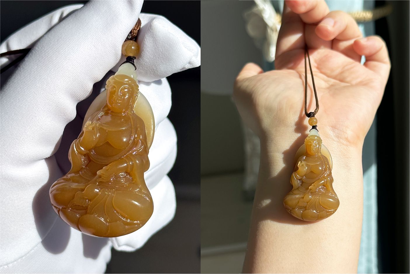 Certified Natural Golden Sugar-White Nephrite Jade Guanyin Pendant – Hand-Carved, 天然黄金糖白玉手工雕刻观音吊坠