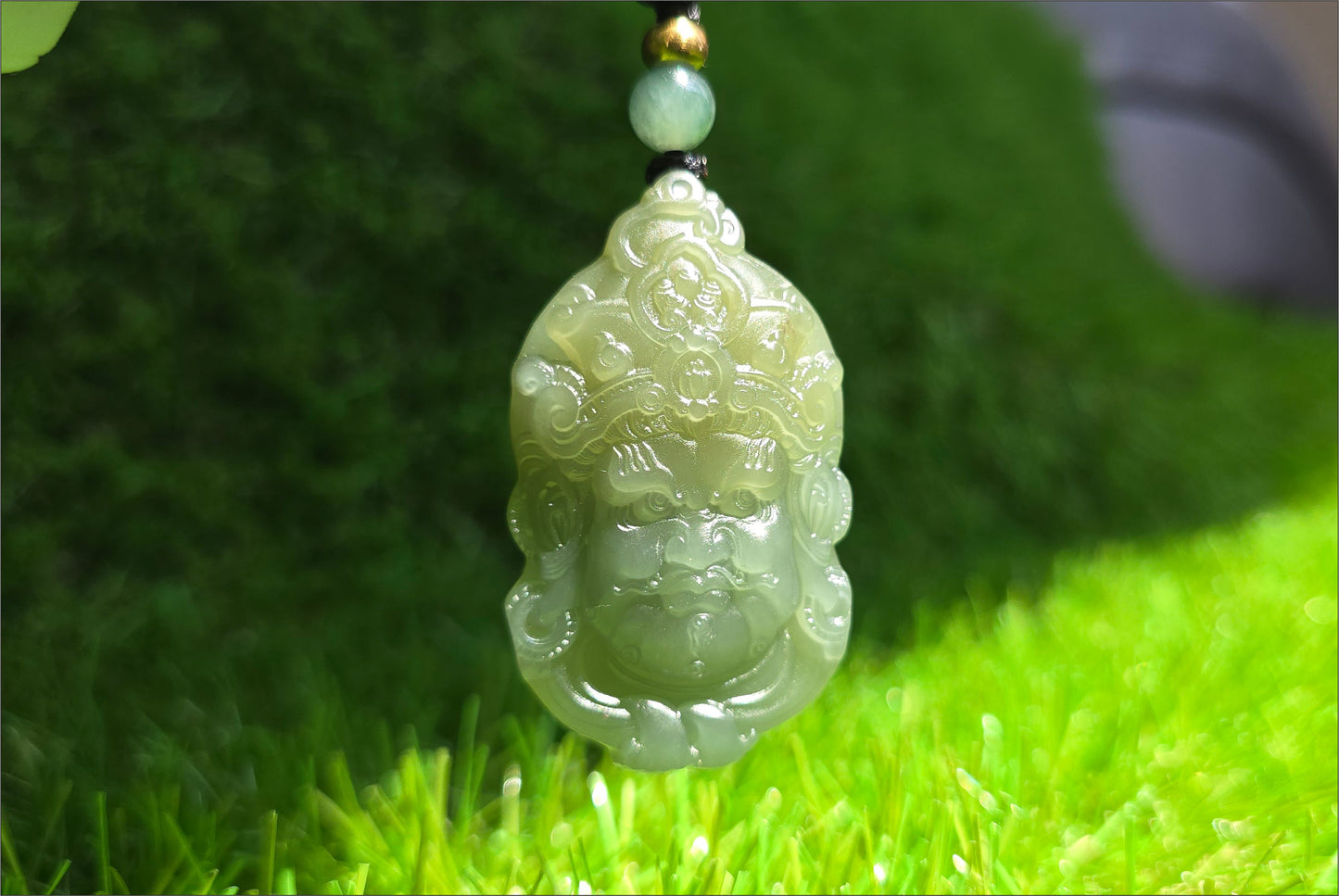 Certified Natural Lake-Green Nephrite Jade Carved Yellow Jambhala Pendant, 天然青海老料湖水绿雕刻黄财神头吊坠