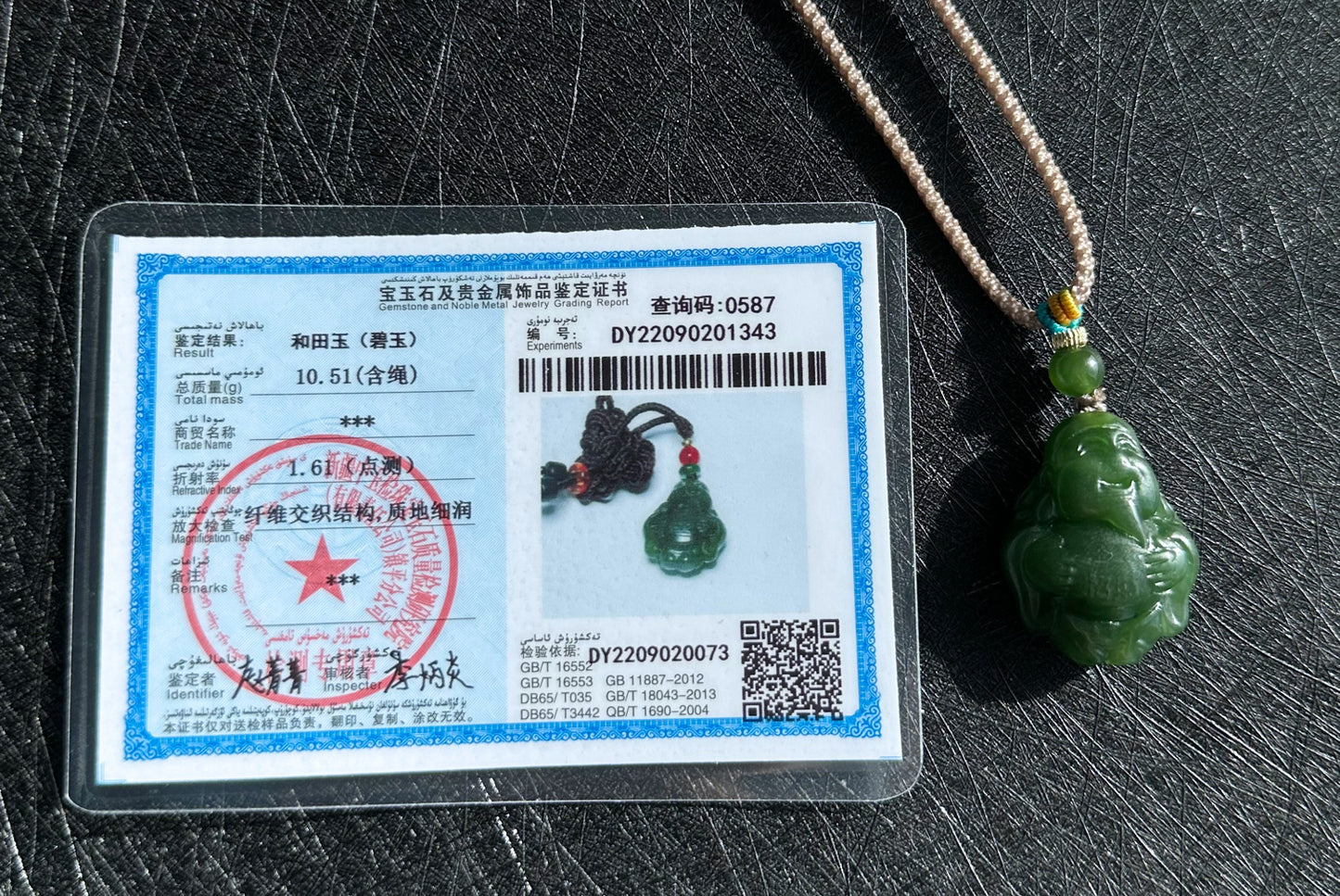 Certified Natural Russia Spinach Green Nephrite Carved God of Wealth Pendant, 天然俄料菠菜绿碧玉财神吊坠