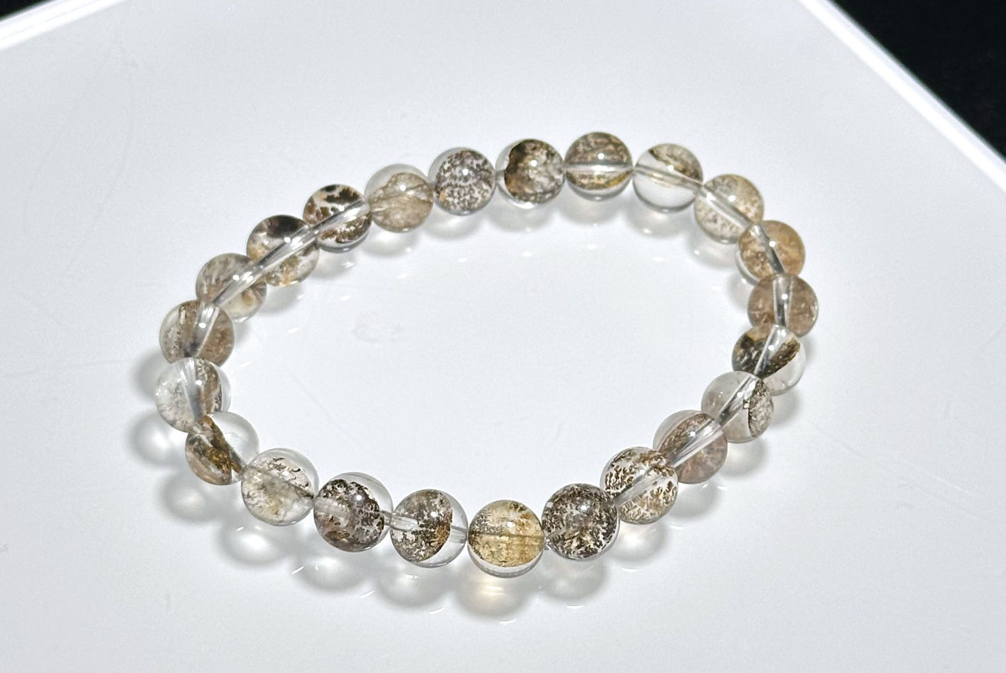 8mm+, Certified Natural Cypress Tree Scenic Pyrolusite and Hematoid in Quartz bracelet, ”Small Money Tree“,天然玻璃体发财树/小树胶花/軟錳礦膠花水晶手串