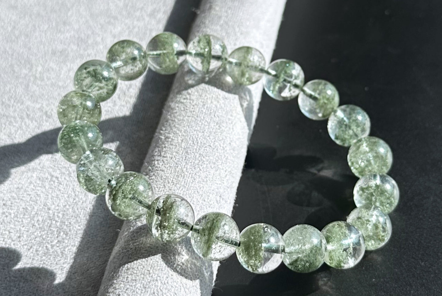 9.5mm, Certified High Grade Natural Undyed Green Phantom Quartz Bracelet, High Clarity Green Phantom Bracelet, 鬼佬财神天然绿幽灵手串