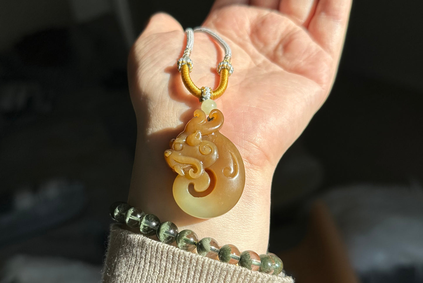 Certified Natural Qiemo Sugar and Warm White Nephrite Jade Hand Carved Antique Dragon Pendant, 天然且末糖白和田玉手工雕刻仿古龙精品吊坠