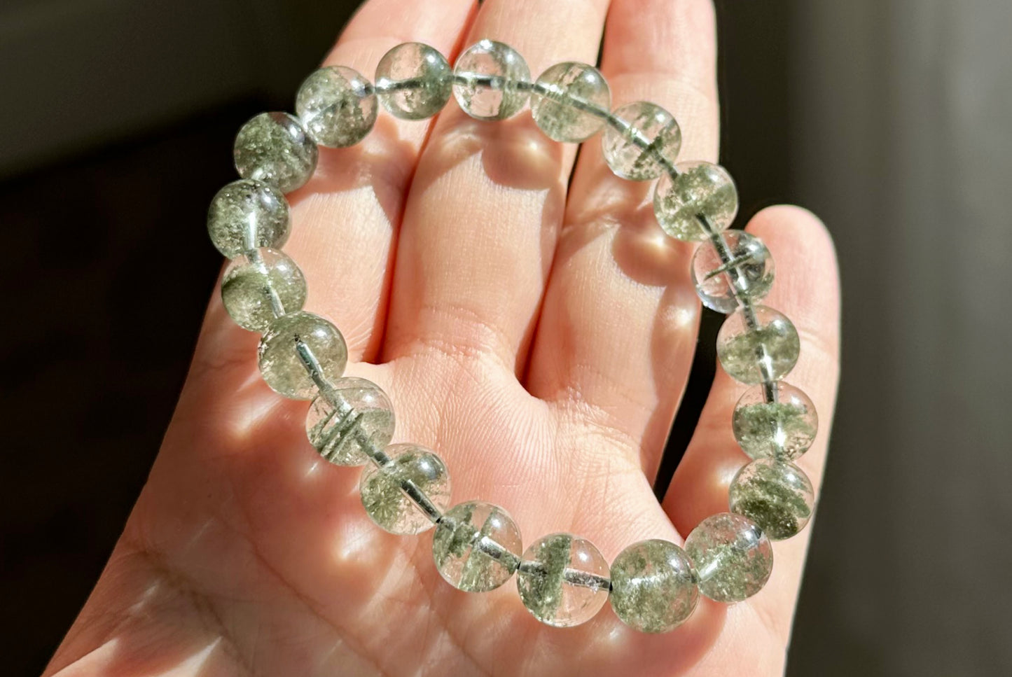 9.5mm, Certified High Grade Natural Undyed Green Phantom Quartz Bracelet, High Clarity Green Phantom Bracelet, 鬼佬财神天然绿幽灵手串
