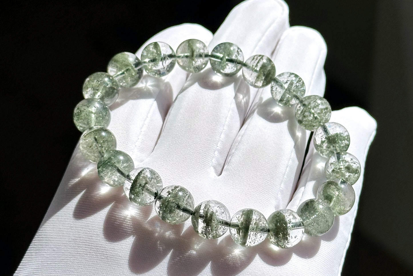 9.5mm, Certified High Grade Natural Undyed Green Phantom Quartz Bracelet, High Clarity Green Phantom Bracelet, 鬼佬财神天然绿幽灵手串
