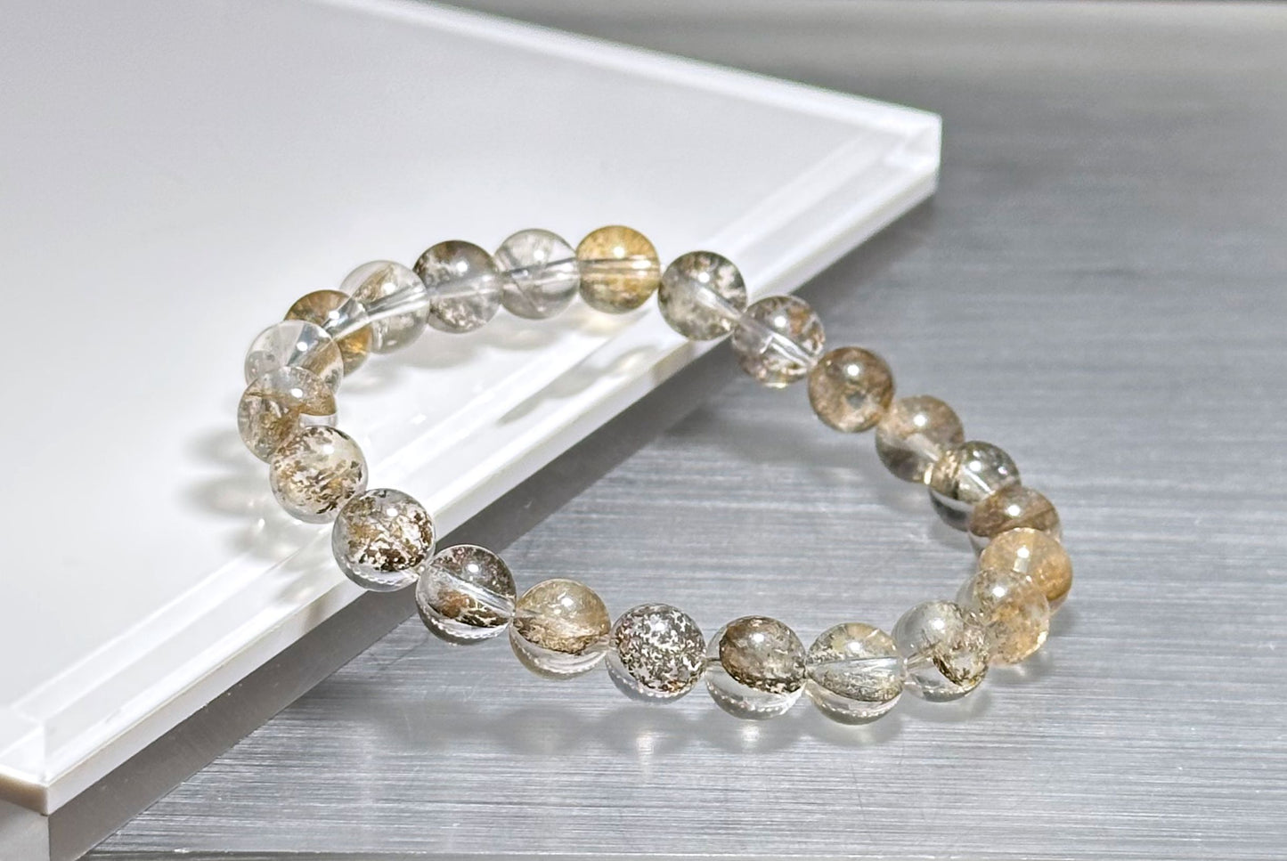 8mm+, Certified Natural Cypress Tree Scenic Pyrolusite and Hematoid in Quartz bracelet, ”Small Money Tree“,天然玻璃体发财树/小树胶花/軟錳礦膠花水晶手串