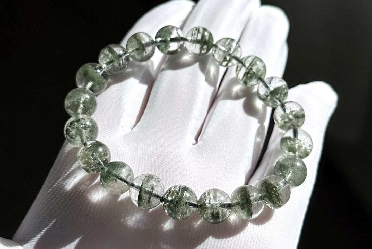 9.5mm, Certified High Grade Natural Undyed Green Phantom Quartz Bracelet, High Clarity Green Phantom Bracelet, 鬼佬财神天然绿幽灵手串