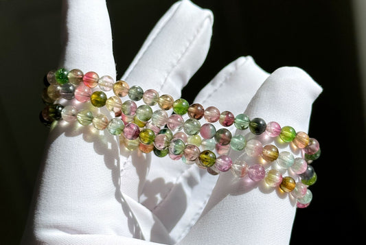 Certified Dainty High Grade Natural Watermelon Tourmaline three wraps Bracelet, High Clarity Tourmaline Beads Bracelet, 天然人鱼色西瓜碧玺三圈手串