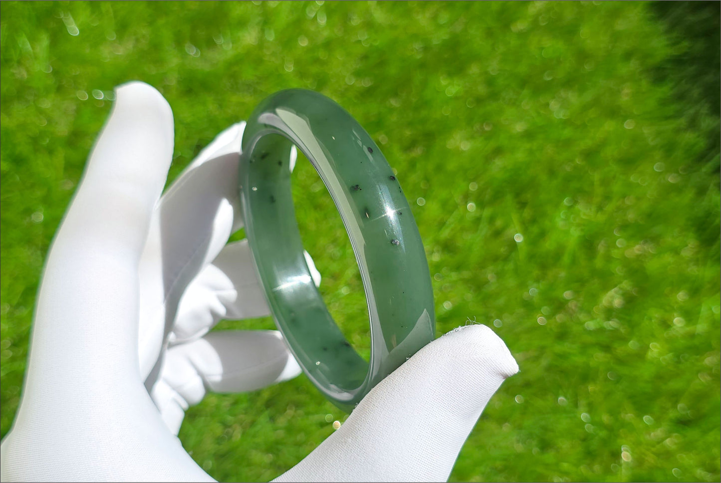 61mm, Certified Natural Siberian Spinach Green Nephrite Jade Bangle, 天然俄老油菠菜绿碧玉手镯