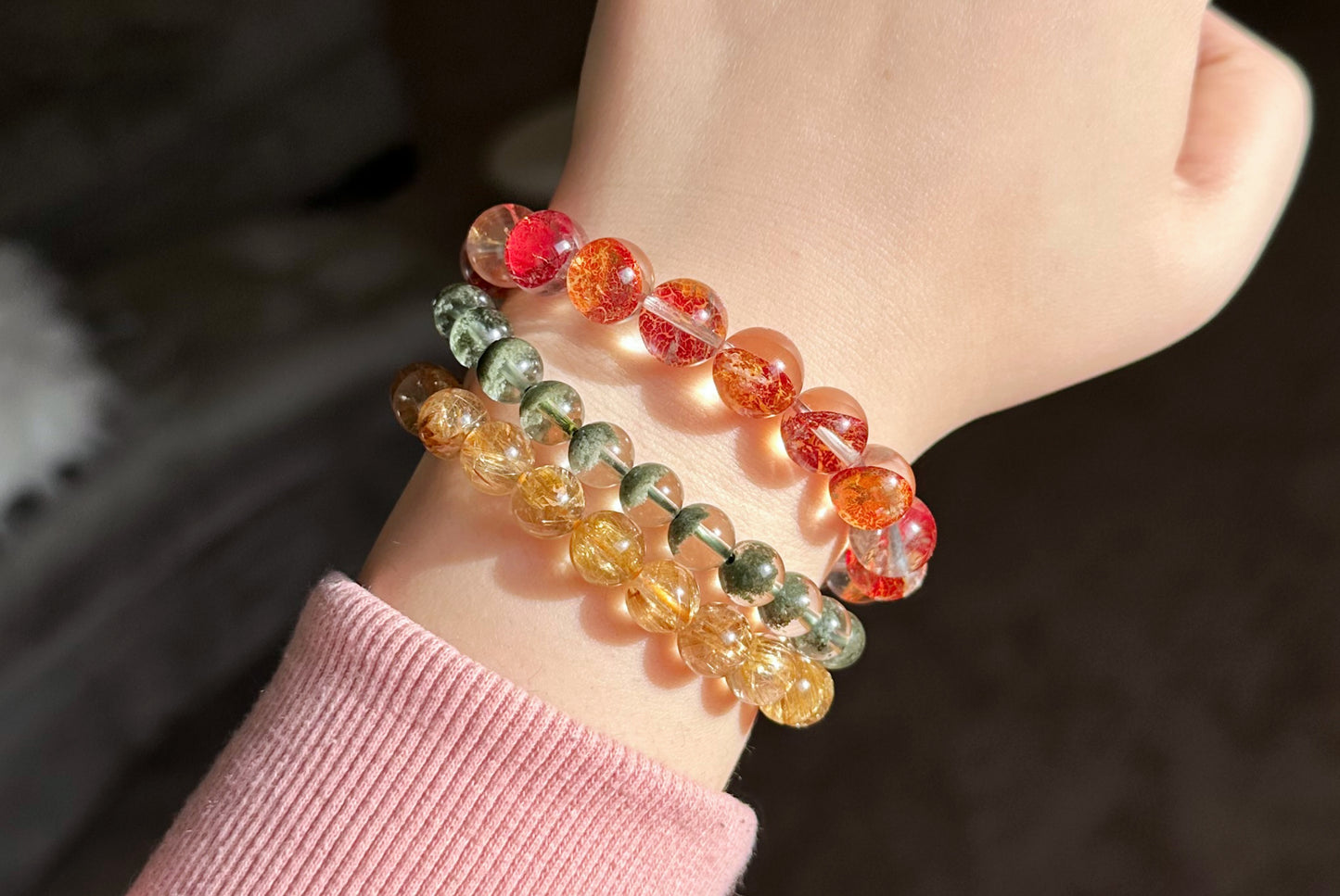 11mm, Certified Natural Collection Grade Rare Koi Hematoid Quartz Crystal Bracelet, Natural Hematoid Crystal Bracelet, 天然稀有稀有麒麟锦鲤胶花水晶手串